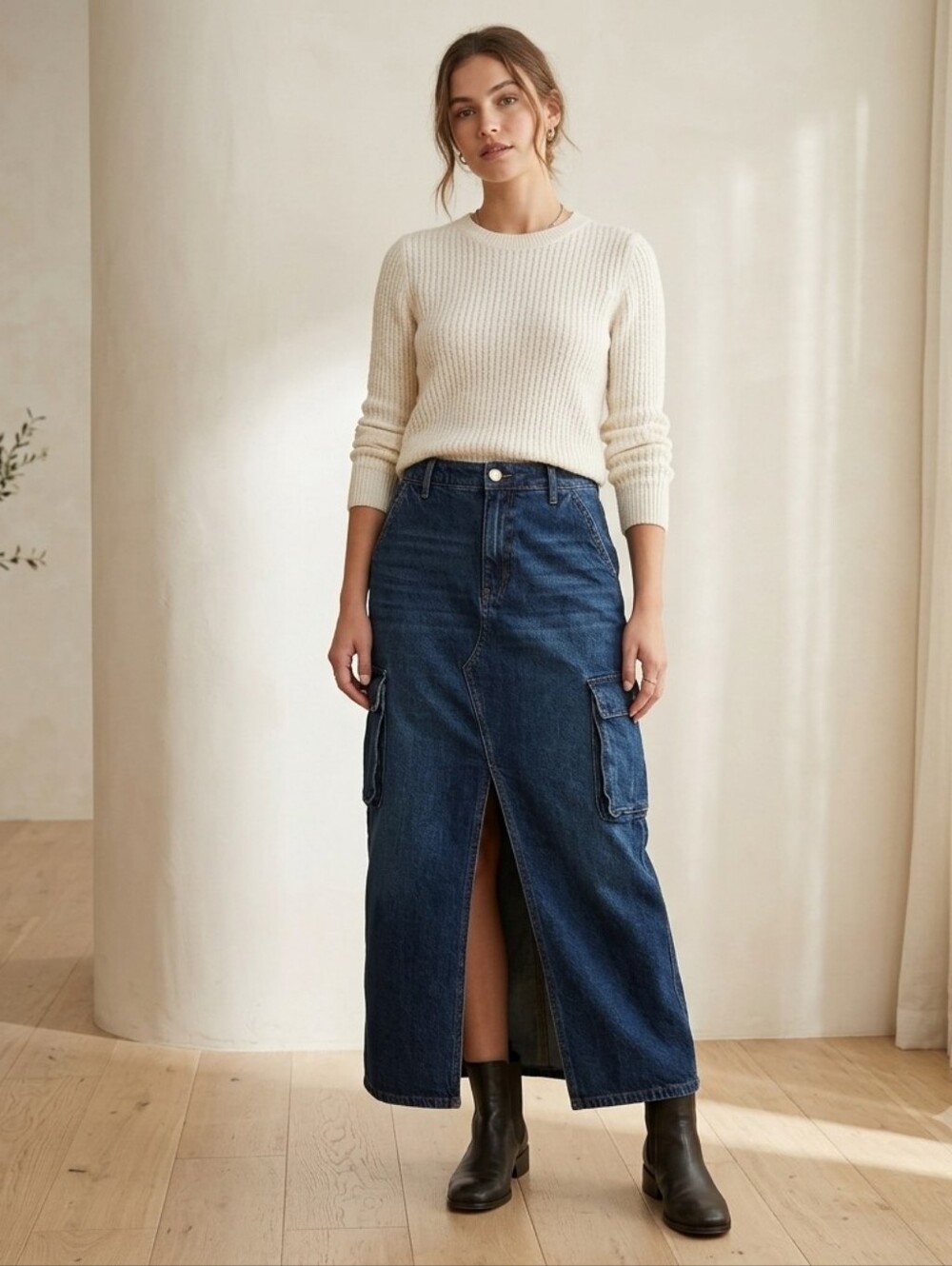 A.n.a High Rise Cargo Denim Dark Wash Maxi Skirt